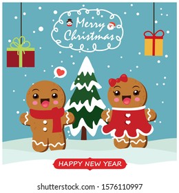 Vintage Christmas poster design with vector gingerbread man, Santa Claus, snowman, characters.