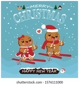 Vintage Christmas poster design with vector gingerbread man, Santa Claus, snowman, reindeer, characters.