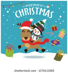 Vintage Christmas poster design with vector Snowman, Santa Claus, reindeer, characters.