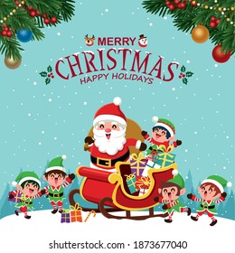 Diseño vintage de afiches navideños con árbol vectorial, Santa Claus, elfos personajes.