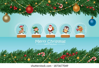 Diseño vintage de afiches navideños con árbol vectorial, Santa Claus en bola de cristal.