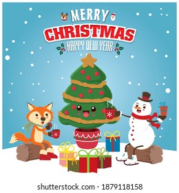 Vintage Christmas poster design with vector tree, Santa Claus, fox, snowman, reindeer.