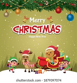 Vintage Christmas poster design with vector tree, Santa Claus, gingerbread man, elf, reindeer characters.