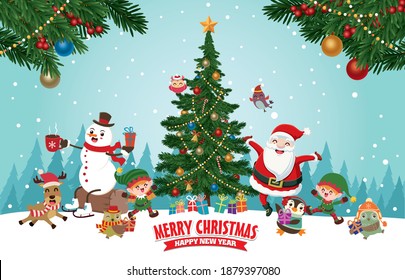Vintage Christmas poster design with vector tree, Santa Claus, elf, reindeer, owl, penguin, snowman, bird characters.