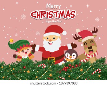 Diseño vintage de afiches navideños con árbol vectorial, Santa Claus, elfo, reno, pingüino, personajes.