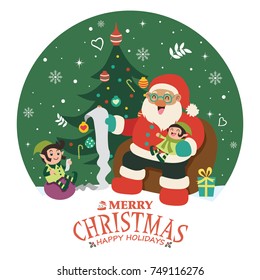 Vintage Christmas poster design with vector Santa Claus, snowman, elf characters.
