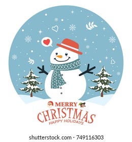 Vintage Christmas poster design with vector Santa Claus, snowman, elf characters.