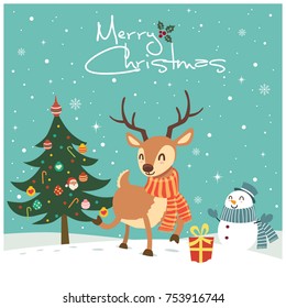 Vintage Christmas poster design with vector reindeer, snowman, Santa Claus, penguin, elf characters.