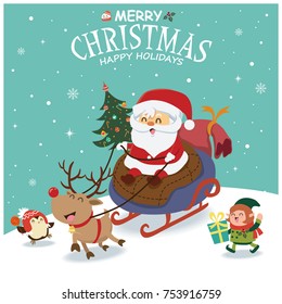 Vintage Christmas poster design with vector Santa Claus, snowman, penguin, elf characters.