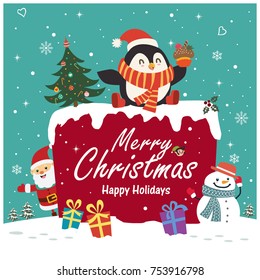 Vintage Christmas poster design with vector penguin, snowman, Santa Claus, elf characters.