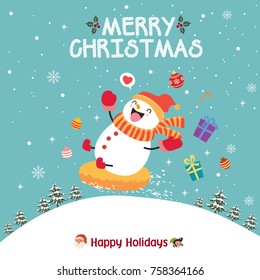 Vintage Christmas poster design with vector snowman, Santa Claus, elf characters.