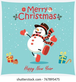 Vintage Christmas poster design with vector snowman, Santa Claus characters.