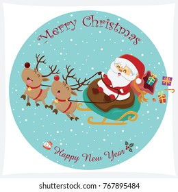 Vintage Christmas poster design with vector Santa Claus, reindeer, snowman characters.