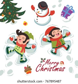 Vintage Christmas poster design with vector Santa Claus, snowman, elf characters.