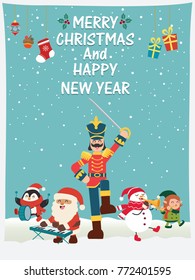 Vintage Christmas poster design with vector toy soldier, Santa Claus, elf, snowman, penguin characters.