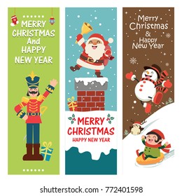 Vintage Christmas poster design with vector toy soldier, Santa Claus, elf, snowman, penguin characters.