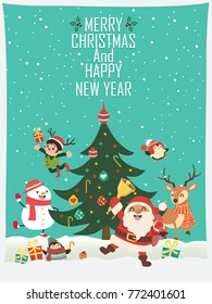 Vintage Christmas poster design with vector Santa Claus, elf, snowman, penguin, reindeer  characters.