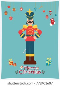 Vintage Christmas poster design with vector toy soldier, Santa Claus, snowman characters.