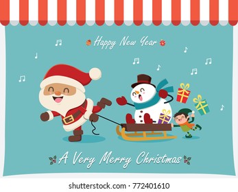 Vintage Christmas poster design with vector Santa Claus, elf, snowman characters.
