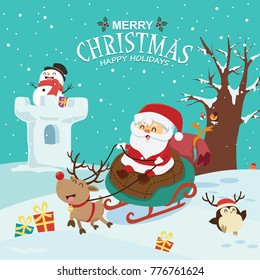 Vintage Christmas poster design with vector Santa Claus, snowman, characters.