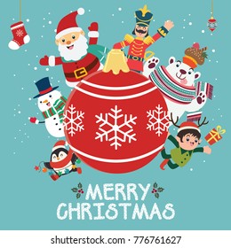 Vintage Christmas poster design with vector toy soldier, Santa Claus, elf, snowman, penguin, penguin, polar bear characters.