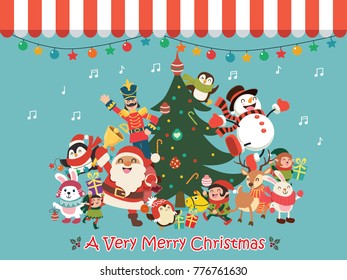 Vintage Christmas poster design with vector toy soldier, Santa Claus, elf, snowman, penguin, rabbit, penguin characters.