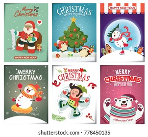 Vintage Christmas poster design with vector Santa Claus, elf, penguin, characters.