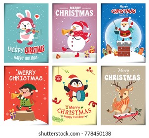 Vintage Christmas poster design with vector Santa Claus, elf, penguin, rabbit, characters.