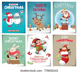 Vintage Christmas poster design with vector Santa Claus, elf, penguin, rabbit, characters.