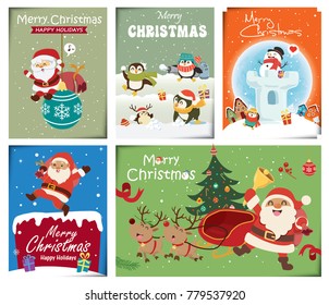 Vintage Christmas poster design with vector Santa Claus, elf, penguin characters.