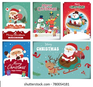 Vintage Christmas poster design with vector Santa Claus, elf, toy soldier characters.