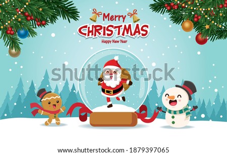 Vintage Christmas poster design with vector tree, Santa Claus, snowman, gingerbread man characters.