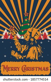 Vintage Christmas Poster Midnight Girl Grab a Star with Pine Tree Background and Text Isolated Vector Illustration