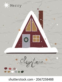Vintage Christmas poster from New Collection. Cozy triangle house Scandinavian style.