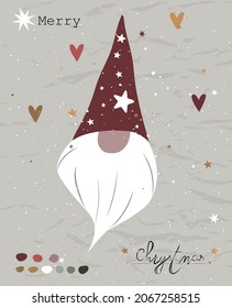 Vintage Christmas poster from New Collection. Cozy Christmas Dwarf Scandinavian style. Vector EPS8