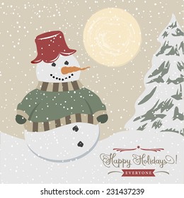 Vintage christmas poster with snowman, vector illustration