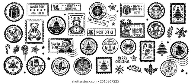 Vintage Christmas Postmark and Postage Stamp collection with Santa, Snowman, Holly Berries, Reindeer, Snowflake. Old textured Holiday Postal Watermark for Greeting Cards, Scrapbooking, and Collages