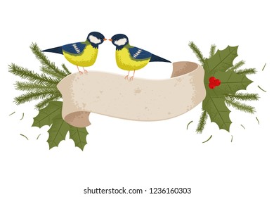 Vintage Christmas ribbon banner with holly berry and kissing birds. Vector cartoon illustration isolated on white background.
