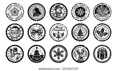 Vintage Christmas Round Postmark collection. Old textured Holiday Postal Watermark for Greeting Cards, Scrapbooking, and Collages. Santa Post Isolated elements