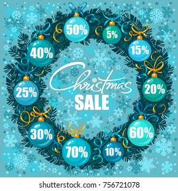 Vintage Christmas sale poster. Wreath with discount tags 10,15,20,35,30,40,50,60,70 percent off in the shape of blue Christmas balls. Vector typography isolated on snowflakes background
