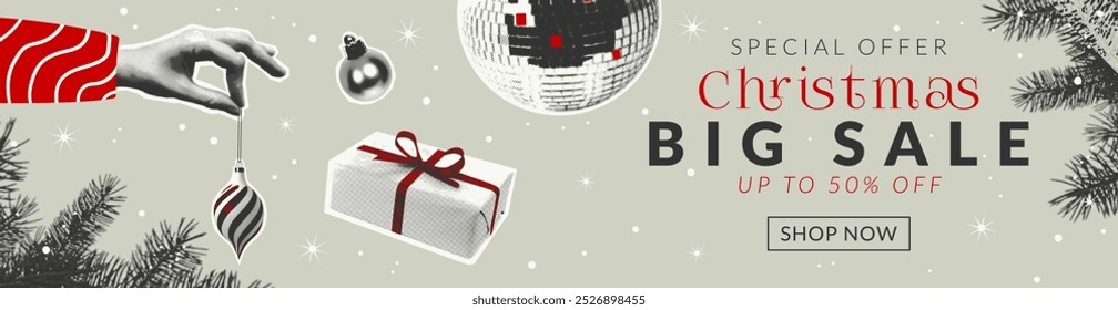 Vintage Christmas sales banner with photocopy effect. A festive advertising design in a muted color palette, perfect for holiday marketing. Vector illustration with halftone elements of holiday decor.