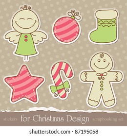vintage christmas scrapbook elements on old wallpaper. vector set