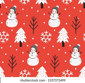 Vintage Christmas seamless background with snowman, snowflake and pine tree