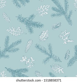 Vintage christmas seamless pattern. Botanical background with spruce, cones and dusty mill. Blue and white background.