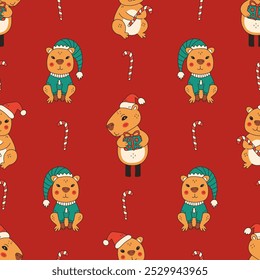 Vintage Christmas Seamless Pattern with Capybara. Cute adorable Xmas background with Whimsical Animal. Elf costume, gift, Santa Hat and Candy cane symbols. Vector illustration