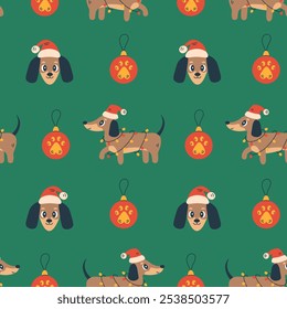 Vintage Christmas Seamless Pattern with Dachshund Dog and Baubles. Pet Xmas Holiday Background with happy puppy in Santa Hat with garland and ball with paw print. Flat  vector illustration