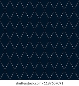 Vintage Christmas seamless pattern. Dot line diamond motif. Simple geometric all over indigo ornament. Decorative printing block for invitation cards, flyers, gift boxes and tags. Vector illustration.