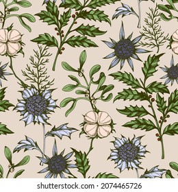Vintage Christmas seamless pattern with evergreen plants holly and cotton flowers. Decorative background for Christmas and new year. Hand drawn vector illustration.
