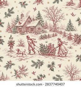 Vintage Christmas seamless pattern featuring a charming winter countryside scene with a family bringing home a Christmas tree, children riding on a sled, snowy cottage, dog, decorated lantern, evergreen trees, holly berries, pine branches, birds and snowflakes. Detailed hand-drawn engraving inspired by traditional Toile de Jouy and Victorian holiday illustrations. Elegant red, forest green and muted gold palette on a warm cream background. Perfect for Christmas fabric, wrapping paper, wallpaper, textiles, stationery, packaging, greeting cards, home decor and seasonal surface design. Seamless repeating Vector EPS pattern.