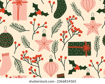 Vintage Christmas seamless pattern. Floral print with red winter berries, fir branches, Christmas toys, gifts. Bright design for Christmas decor, napkin pattern, tablecloth,wrapping paper.